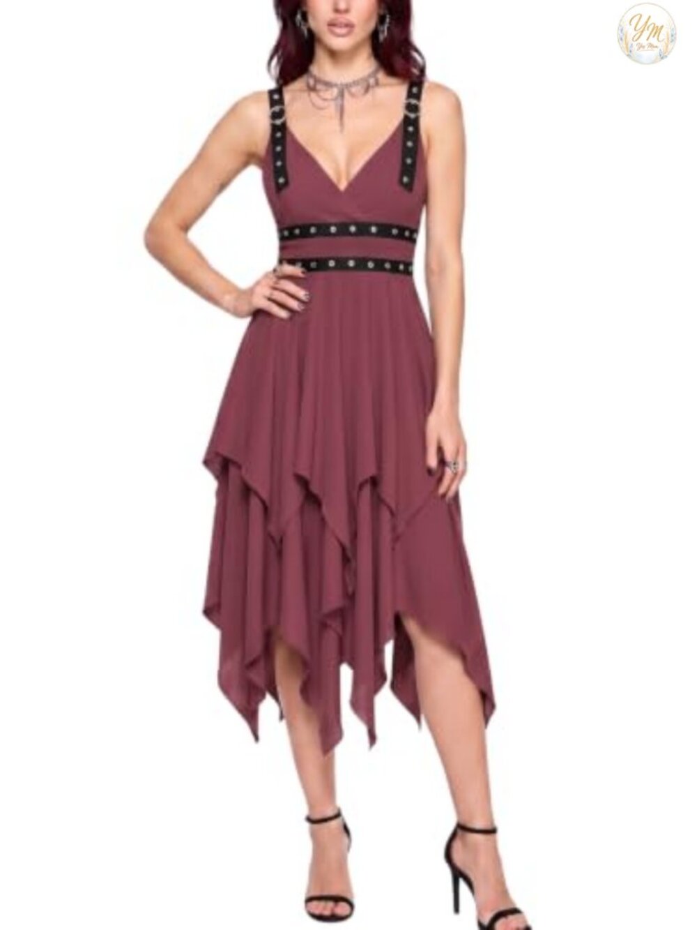 Layered Grommet Strap Midi Dress Fit Flare V-Neck Handkerchief Hem